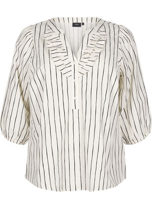 Zizzi Baumwollbluse mit 3/4-Arm und Streifen, Eggnog Black Stripe, Packshot image number 0