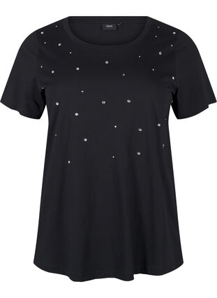 Zizzi Baumwoll-T-Shirt mit Strasssteinen, Black, Packshot image number 0