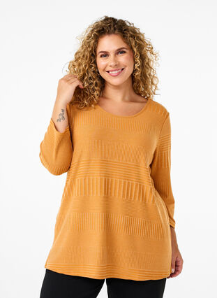 Zizzi Bluse mit 3/4-Ärmeln und Streifenmuster., Sudan Brown Mel., Model image number 0