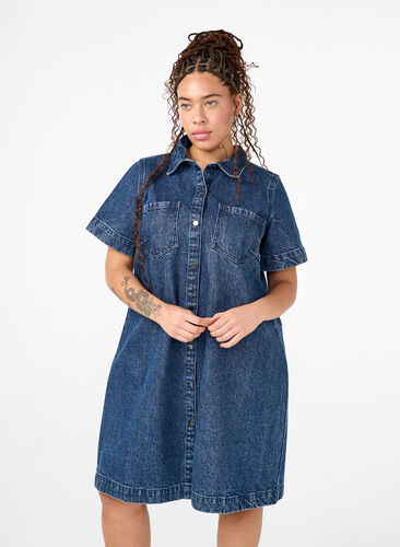 Zizzi Langes Denim-Shirt mit kurzen Ärmeln, Blue Denim, Model image number 0