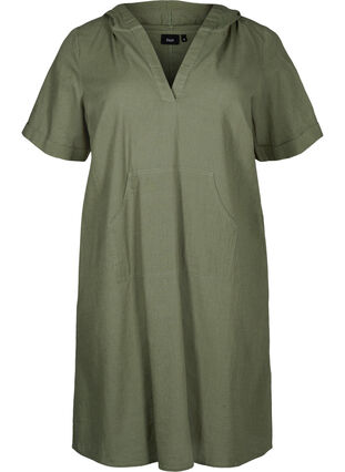 Zizzi Kapuzenkleid aus Baumwollmischung mit Leinen, Deep Lichen Green, Packshot image number 0