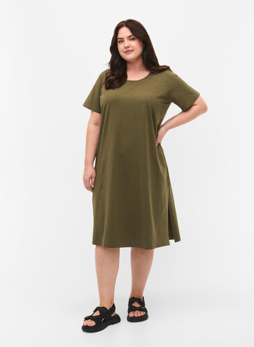 Zizzi Baumwollkleid mit kurzen Ärmeln, Ivy Green, Model image number 1