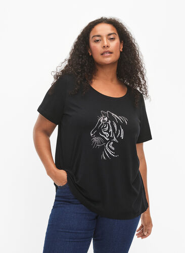 Zizzi Baumwoll-T-Shirt mit Motiv, Black w. Lion, Model image number 0