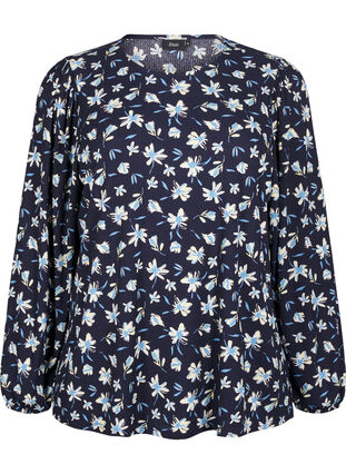 Zizzi Bluse mit langen Ärmeln und geblümtem Print, Night Sky AOP, Packshot image number 0