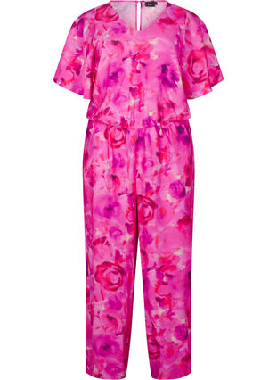 Zizzi Geblümter Jumpsuit mit Fledermausärmeln, Pink Rose AOP, Packshot image number 0