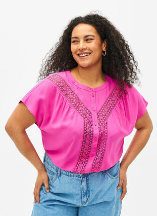 Zizzi  Viskosebluse mit Spitzenbesatz, Raspberry Rose, Model image number 0