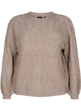 Zizzi Gestrickter Pullover mit Muster und Perlen, Desert Taupe Mel., Packshot image number 0