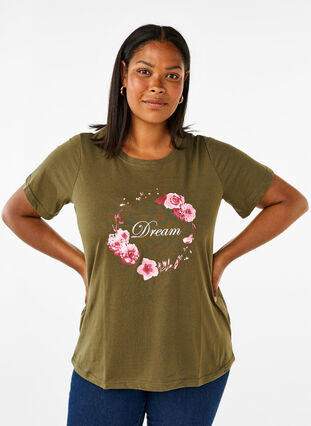 Zizzi FLASH - T-Shirt mit Motiv, Olive Night Flower, Model image number 0