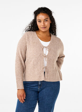 Zizzi Strickjacke mit Bindedetails, Simply Taupe Mel., Model image number 0