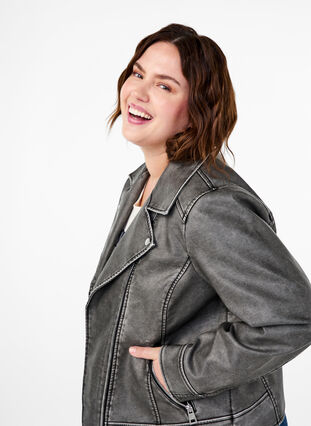 Zizzi  Lederjacke aus Kunstleder im Used-Look, Dark Grey Wash, Model image number 2