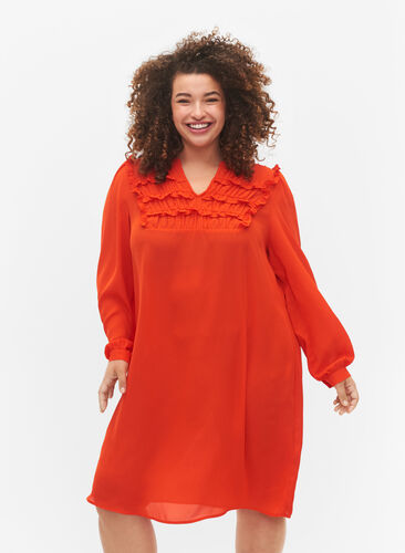 Zizzi Langes Ärmel Kleid mit Rüschen (GRS), Orange.com, Model image number 0