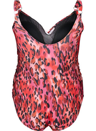 Zizzi Badeanzug mit Print und Wickeleffekt, Red Leopard AOP, Packshot image number 1