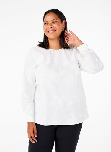 Zizzi Langärmlige Bluse mit Stickereien, Bright White, Model image number 0