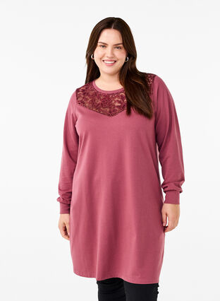 Zizzi Kurzes Sweatkleid mit Spitzendetail, Rose Brown, Model image number 0