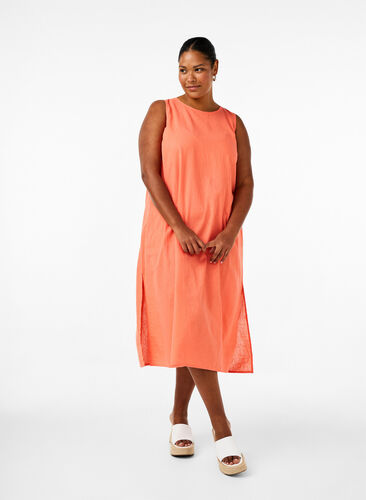 Zizzi Ärmelloses Kleid aus Baumwollmischung mit Leinen, Living Coral, Model image number 0