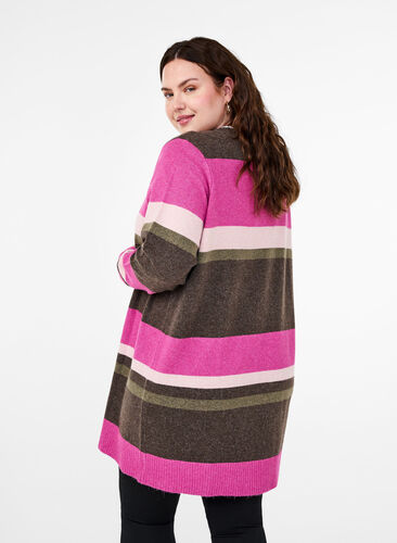 Zizzi Lange Strickjacke mit breiten Streifen, Fuchsia Red Mel.Comb, Model image number 1