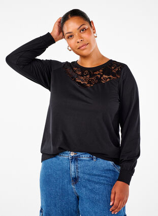 Zizzi Sweatshirt mit Spitzendetails, Black, Model image number 0