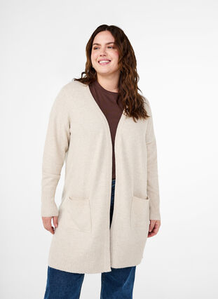 Zizzi Strickjacke mit Rippenstrick und Taschen, Pumice Stone Mel., Model image number 0