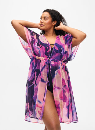 Zizzi Strand-Kimono mit Druck, Purple Swirl, Model image number 0