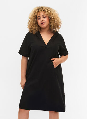 Zizzi Kapuzenkleid aus Baumwollmischung mit Leinen, Black, Model image number 0