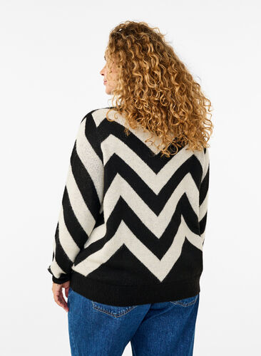 Zizzi Hochgeschlossener Strickpullover mit Reißverschluss, Black Birch Stripe, Model image number 1