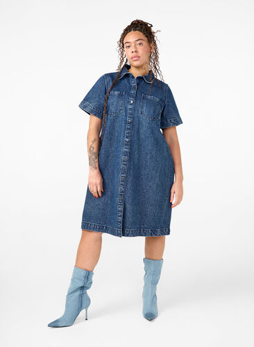 Zizzi Langes Denim-Shirt mit kurzen Ärmeln, Blue Denim, Image image number 0