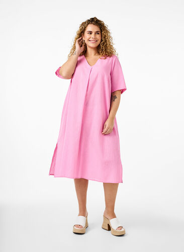 Zizzi Kaftan-Kleid aus Baumwollmischung mit Leinen, Rosebloom, Model image number 0