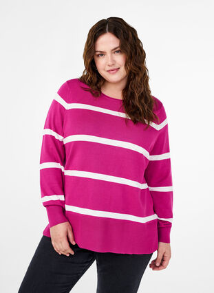 Zizzi Gestrickte Viskosebluse mit Streifen, Fuchsia Red Comb, Model image number 0