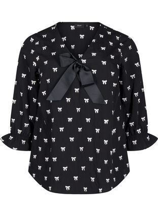 Zizzi Bluse mit Schleifen und 3/4-Ärmeln, Black White Bow, Packshot image number 0