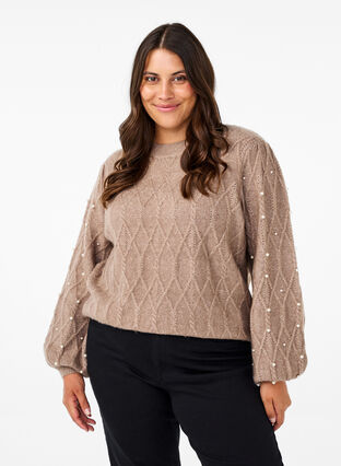 Zizzi Gestrickter Pullover mit Muster und Perlen, Desert Taupe Mel., Model image number 0