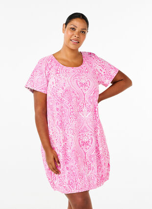 Zizzi Kurzärmliges Baumwollkleid mit Paisley-Print, Shocking P. Paisley , Model image number 0