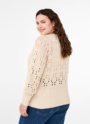 Zizzi Strickjacke mit Bändern und Lochmuster, Birch, Model image number 1