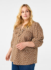 Gepunktete Baumwollbluse mit 3/4-Arm, Coca Mocha Dot , Model