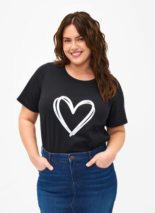 Zizzi FLASH - T-Shirt mit Motiv, Black Silver Heart, Model image number 0