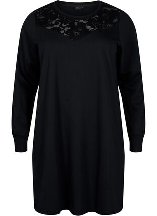 Zizzi Kurzes Sweatkleid mit Spitzendetail, Black, Packshot image number 0