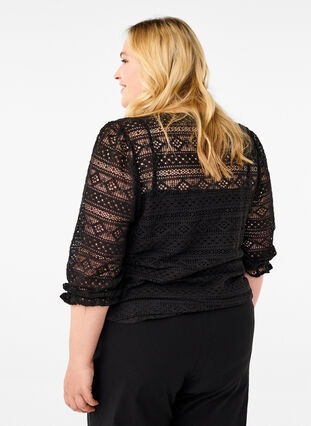 Zizzi Bluse mit Lochmuster und 3/4-Ärmeln, Black, Model image number 1