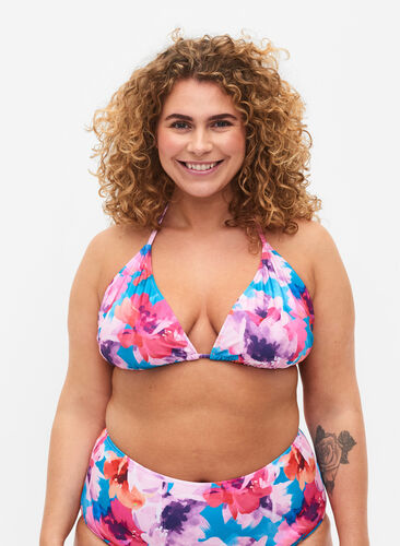 Zizzi Triangel-Bikinioberteil mit Print, Pink Flower, Model image number 0