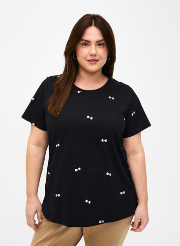 Zizzi T-Shirt aus Bio-Baumwolle mit Schleifen, Black W. Bow Emb. , Model image number 0