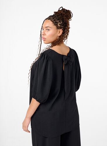 Zizzi Bluse mit kurzem Arm und Schleife hinten, Black, Model image number 1