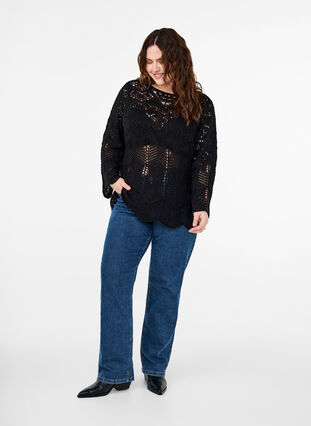 Zizzi Strickbluse mit Spitzenmuster, Black, Model image number 2