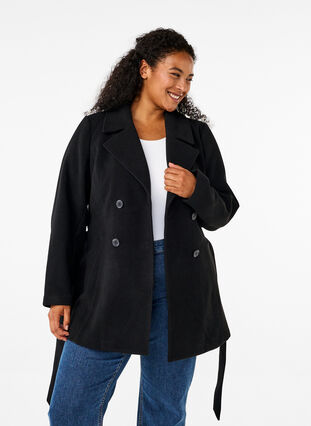 Zizzi Kurze Wolljacke mit Gürtel, Black, Model image number 0