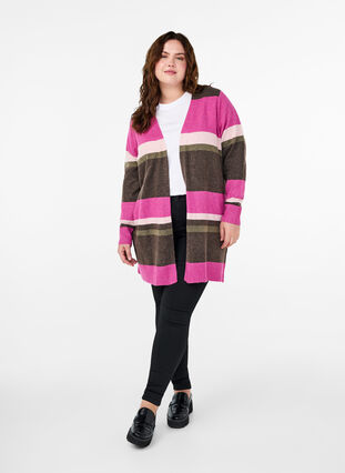 Zizzi Lange Strickjacke mit breiten Streifen, Fuchsia Red Mel.Comb, Model image number 2