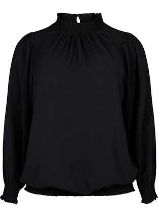 Zizzi Einfarbige gesmokte Bluse mit langen Ärmeln, Black, Packshot image number 0