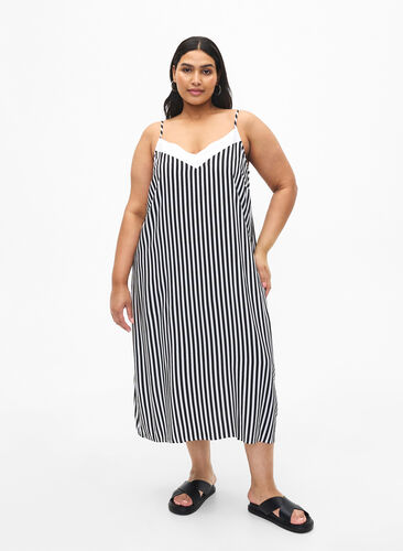 Zizzi FLASH – Gestreiftes Trägerkleid aus Viskose, Black White Stripe, Model image number 0