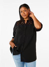 Langes Viskose-Shirt mit Spitzendetail, Black, Model