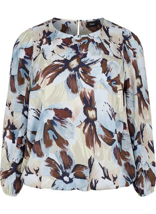 Zizzi Langärmelige Bluse mit Druck und Knopf, Grey Flower AOP, Packshot image number 0