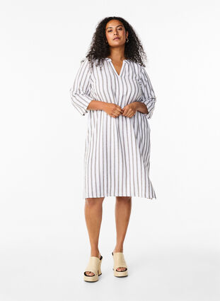 Zizzi Gestreiftes Tunika-Kleid aus Leinen-Viskose-Mix, White Stripe, Model image number 2