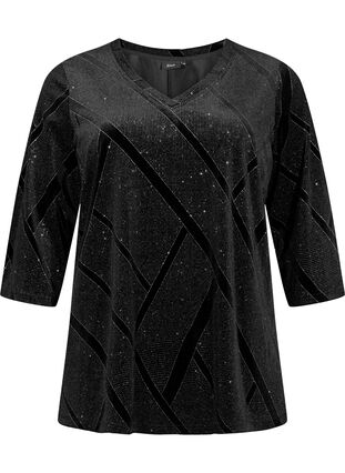 Zizzi Veloursbluse mit Glitzer und 3/4 Ärmeln, Black, Packshot image number 0