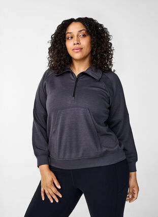 Zizzi Sportliches Sweatshirt mit hohem Kragen und Reißverschluss, Asphalt, Model image number 0