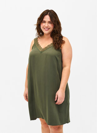 Zizzi Trägerkleid aus Viskose mit Spitze, Thyme, Model image number 0